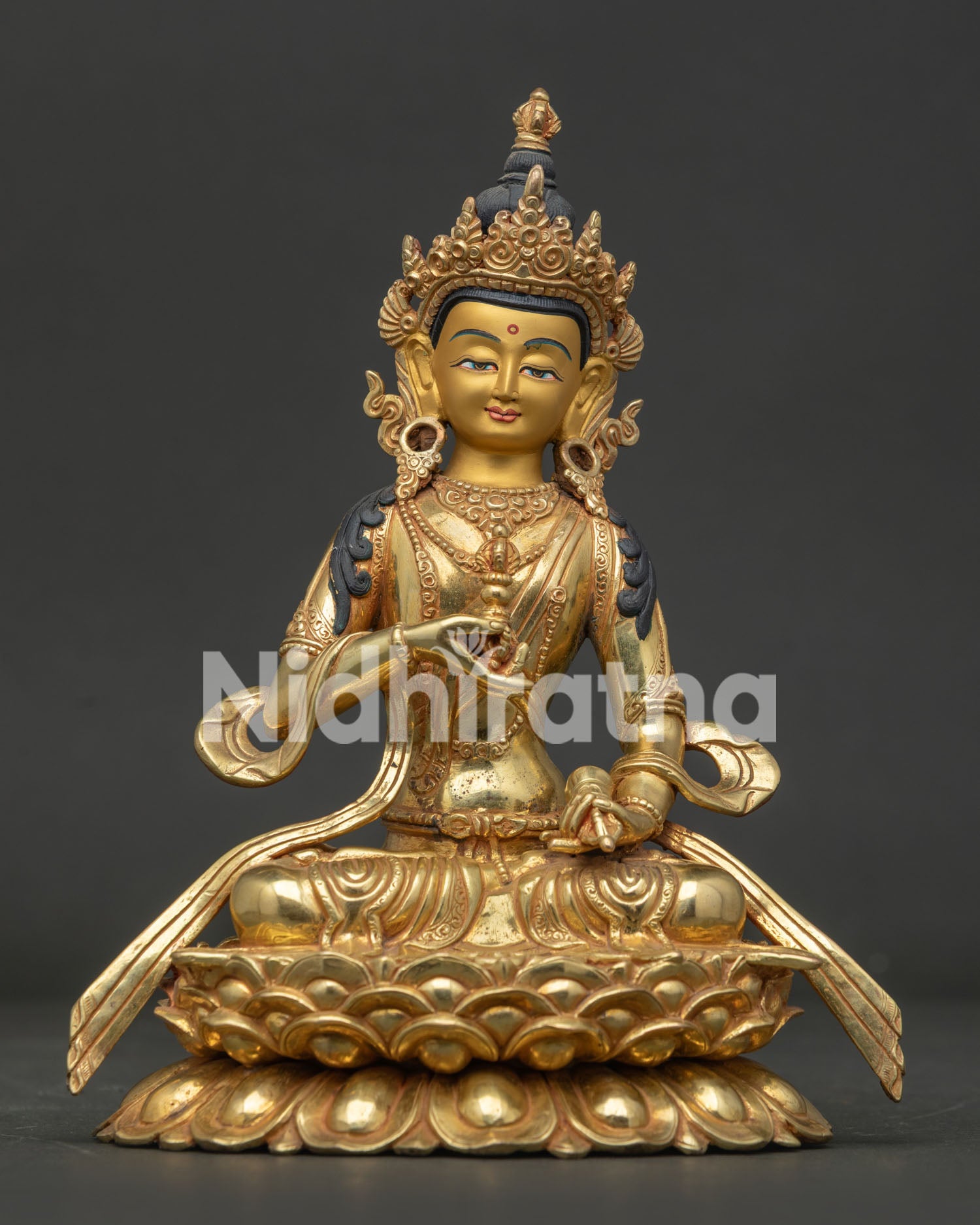 Vajrasattva statue from Nepal with 24K gold gilding and blooming lotus pedestal