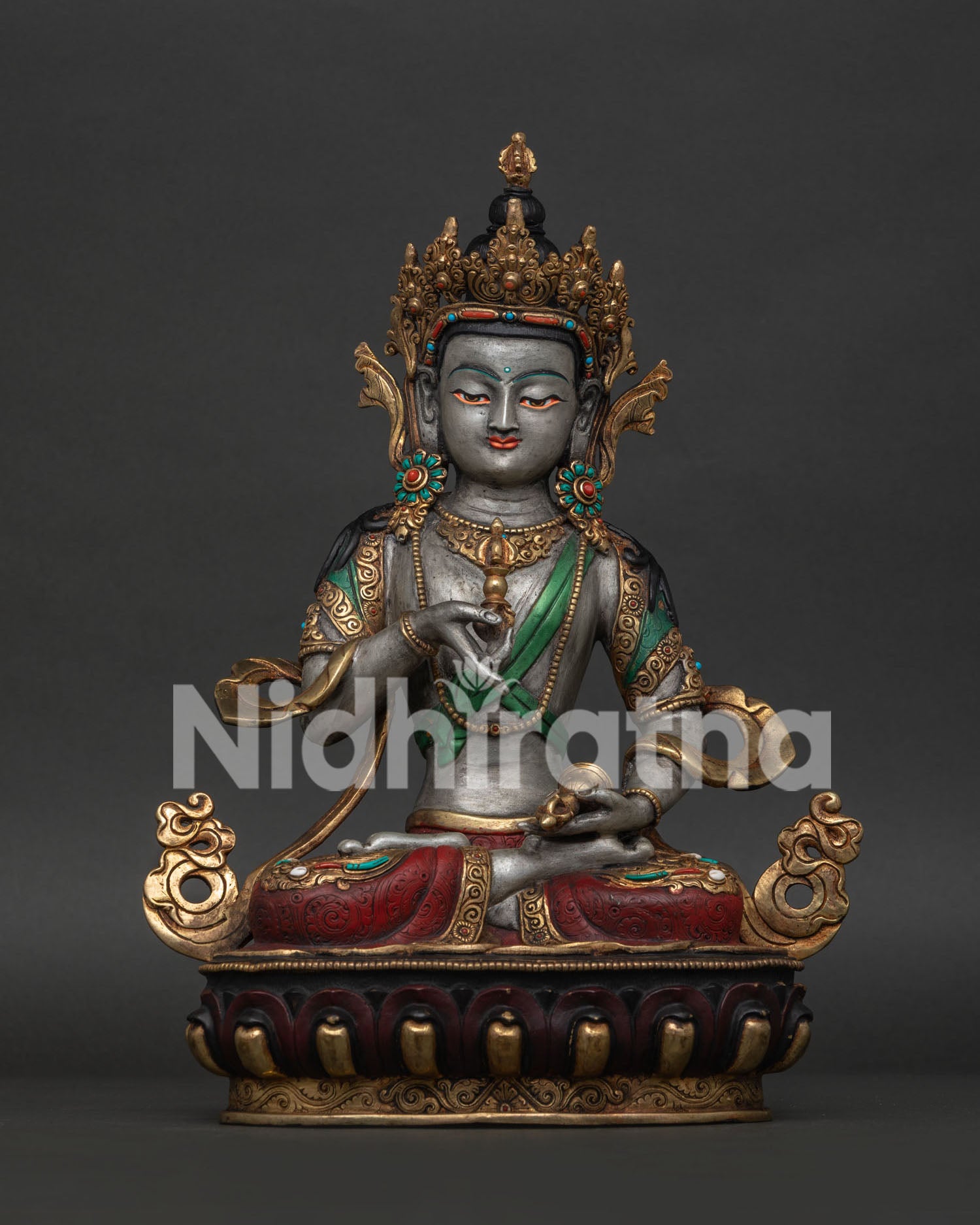 Vajrasattva Statue Front View Gold Gilded Copper Buddhist Sculpture from Nepal.