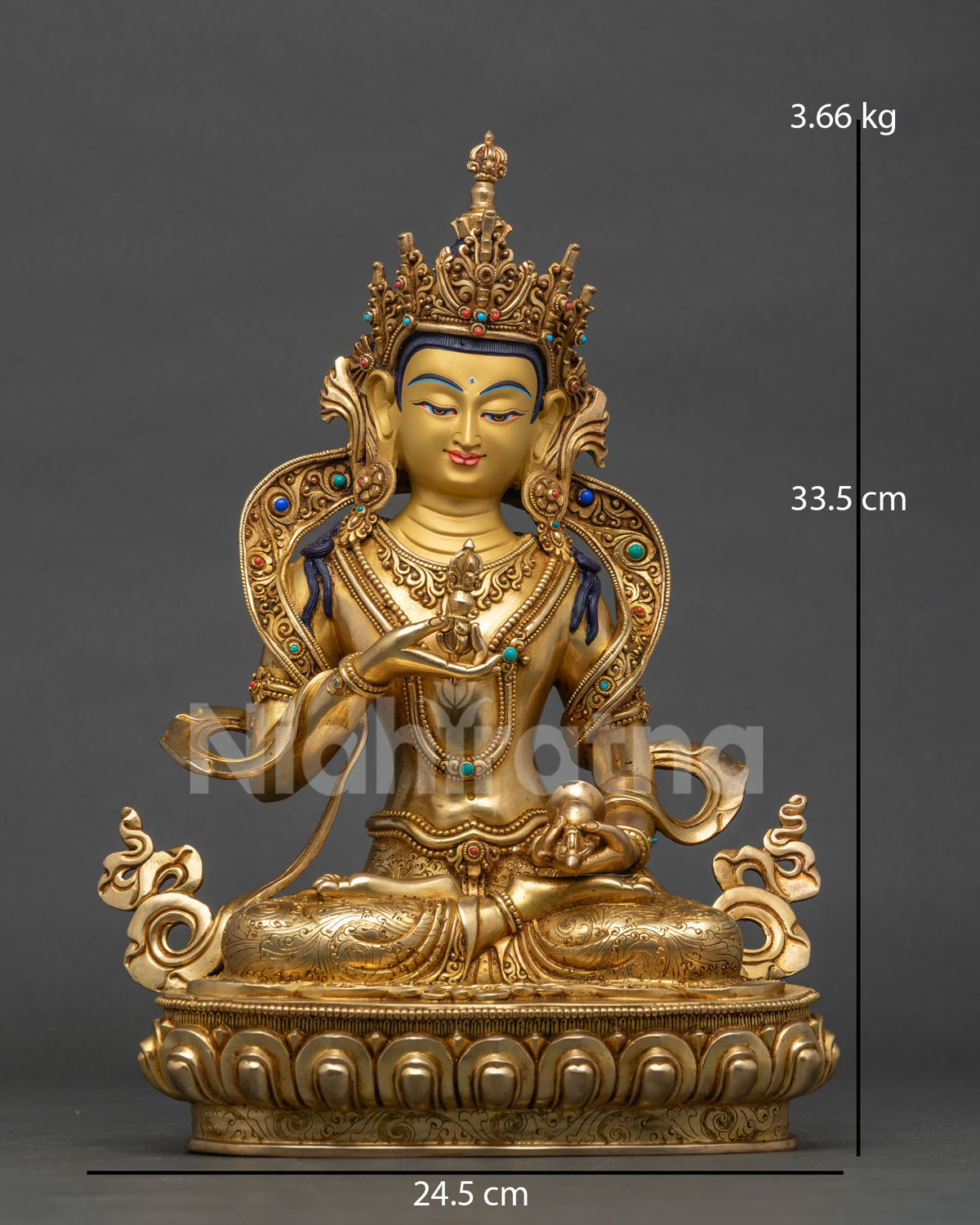 Vajrasattva statue front view, gold-gilded Nepali Buddhist sculpture on lotus base