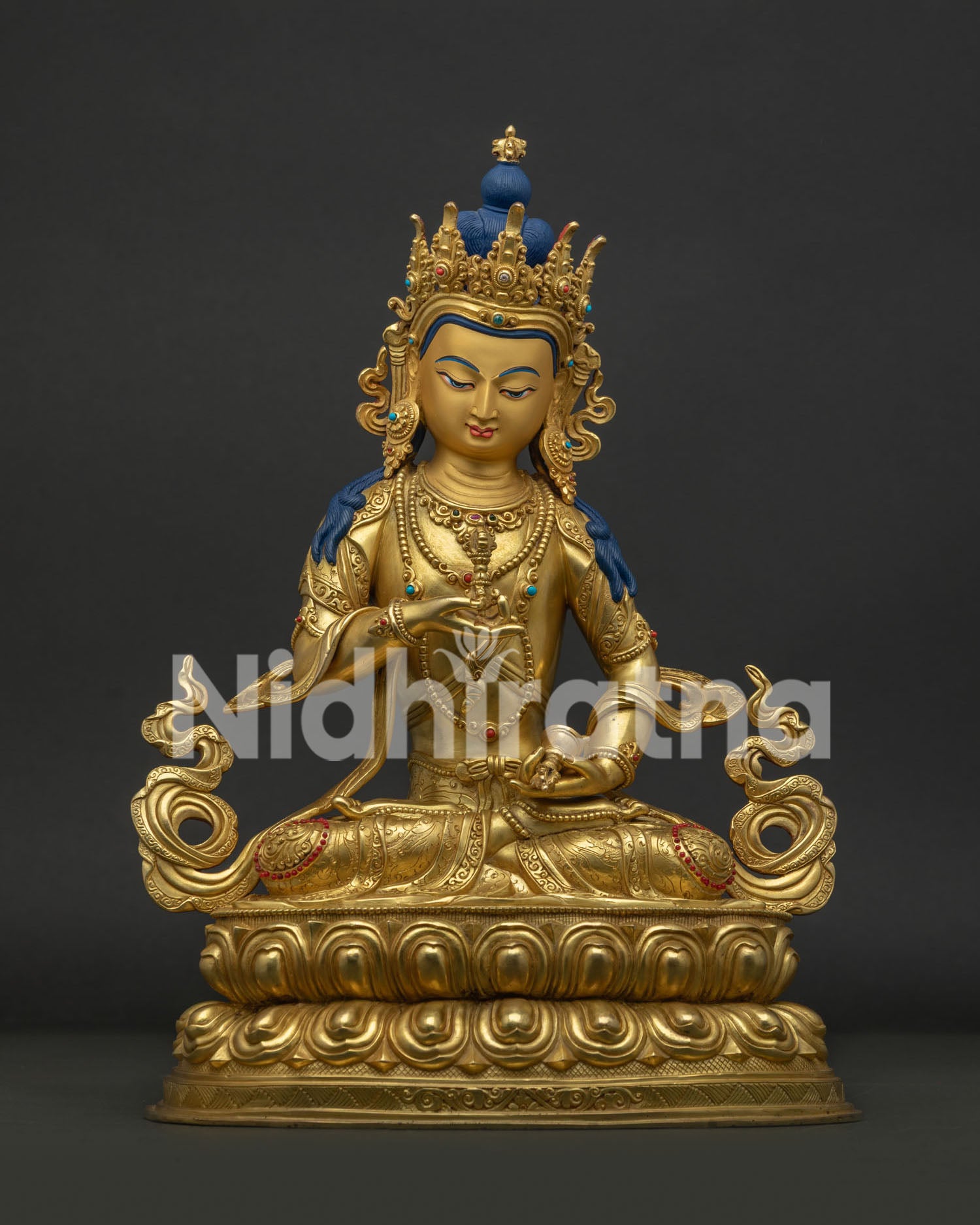 Vajrasattva Statue front view handcrafted copper sculpture with 24K gold gilding from Nepal
