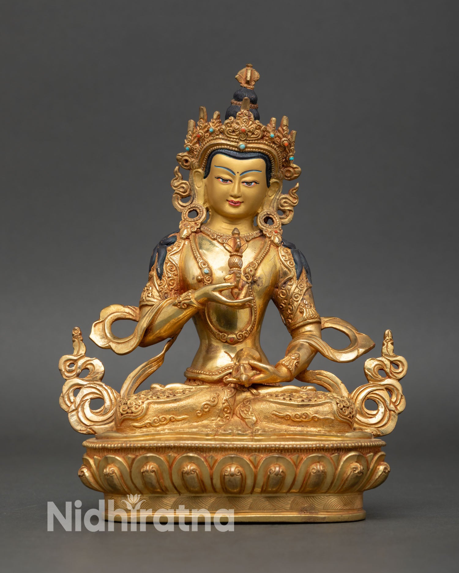 Vajrasattva statue front view handmade Nepal copper 24K gold gilded purification deity