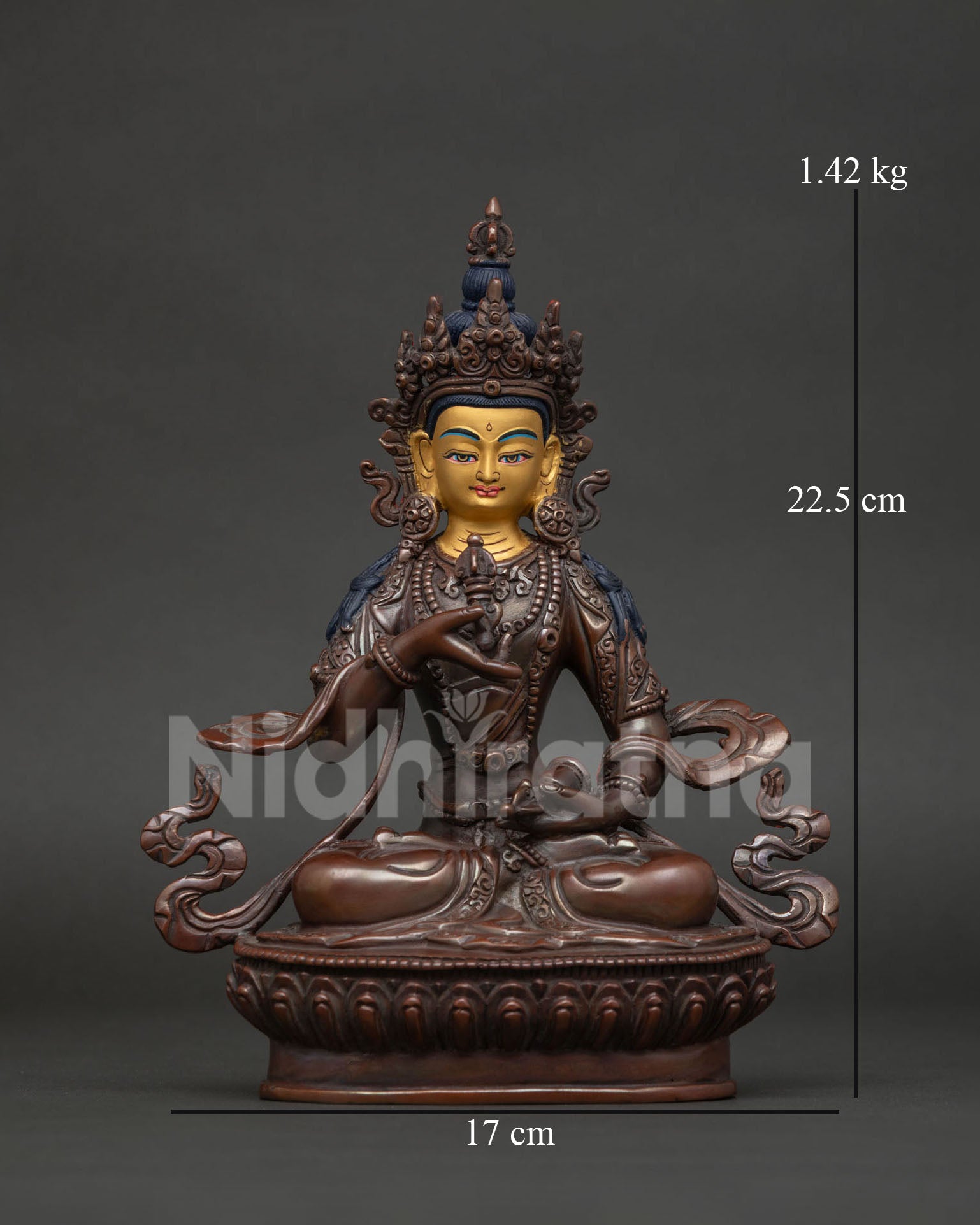 Vajrasattva Statue Front View Newari Crafted Nepalese Buddhist Sculpture 24K Gold Face.