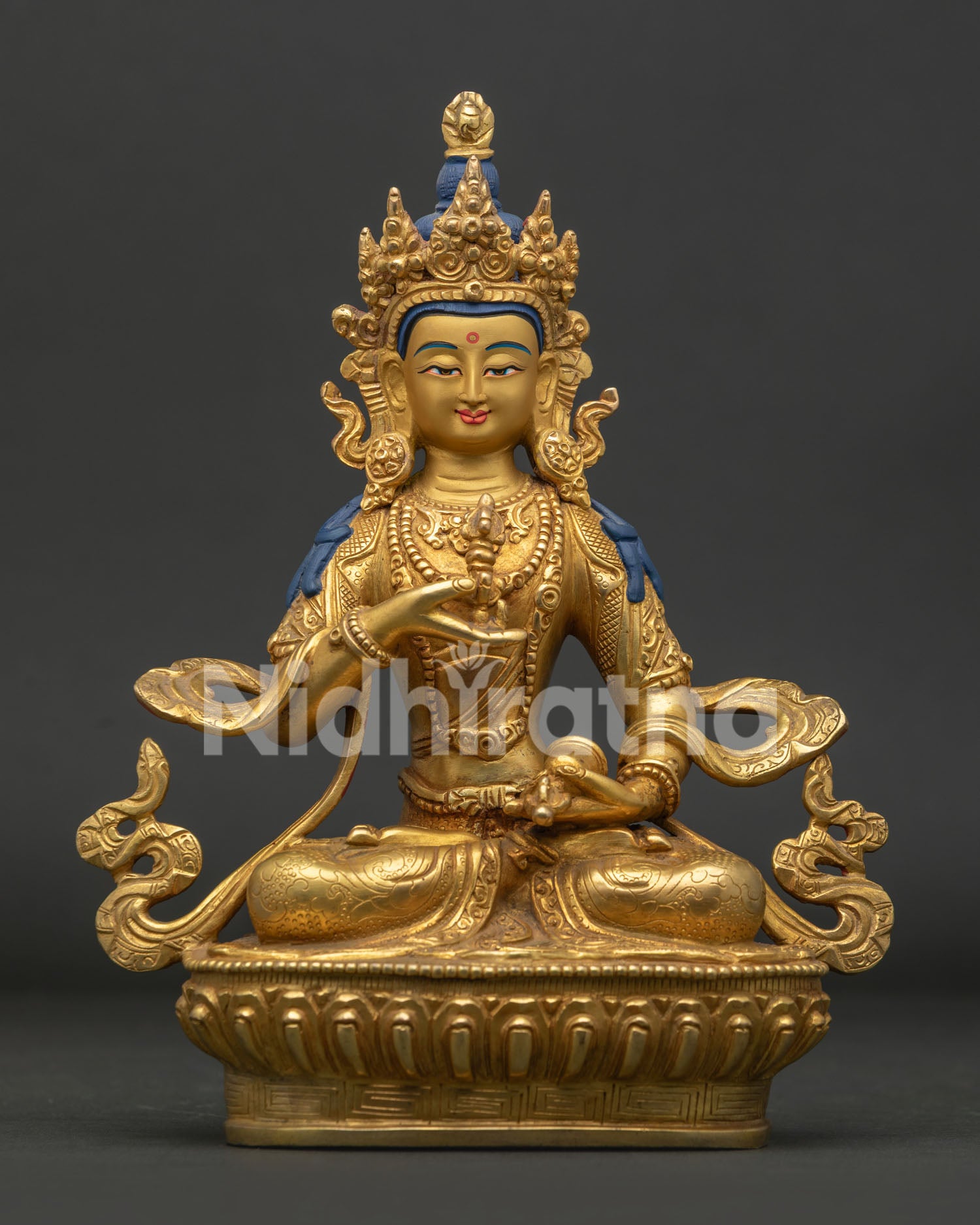 Vajrasattva Statue front view with 24K gold gilded copper and lotus pedestal