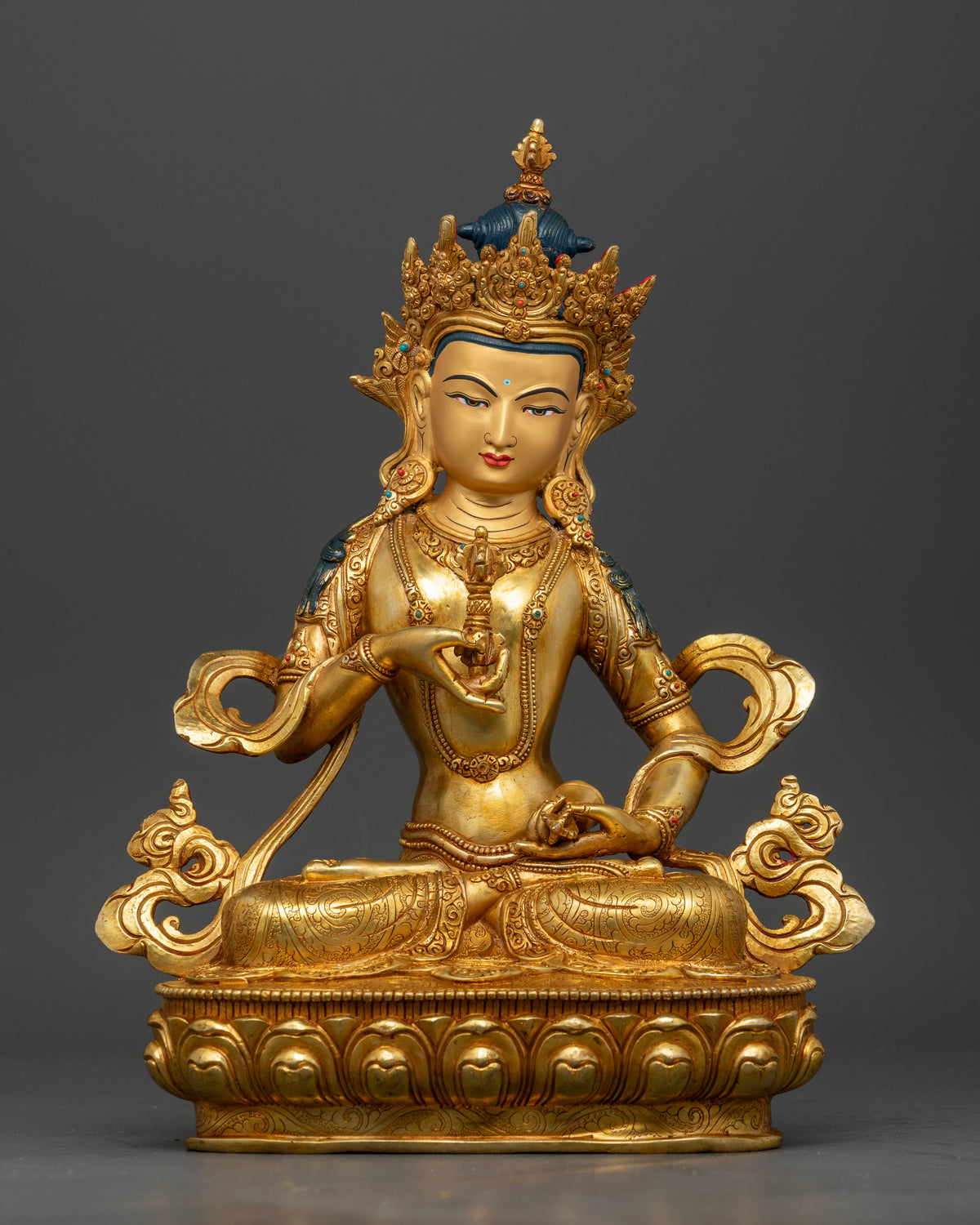 Vajrasattva statue gold fire gilded copper Nepalese Buddhist sculpture.