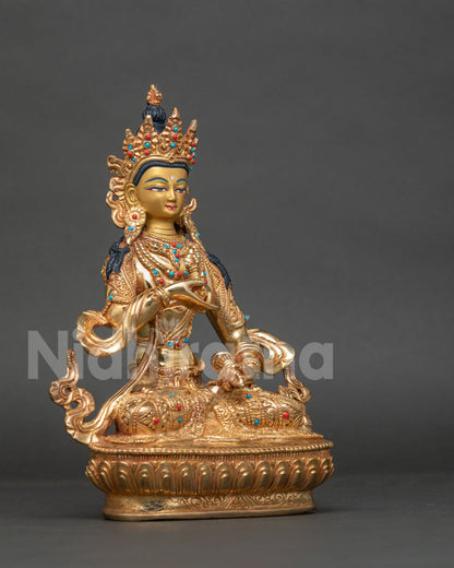 Vajrasattva Statue hand carved lotus pedestal floral silk garment.