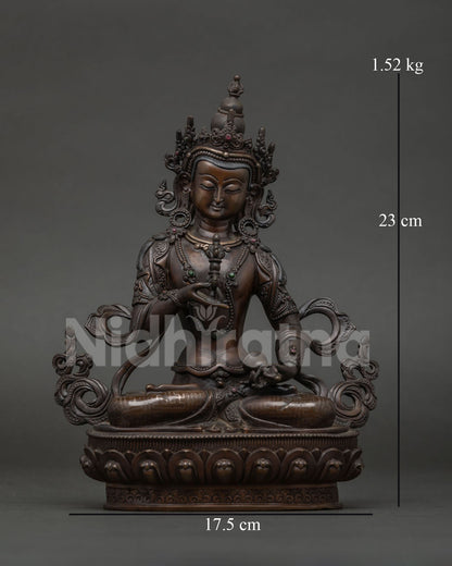 Vajrasattva statue handcrafted by Newari artist in Patan Nepal with oxidized copper finish.