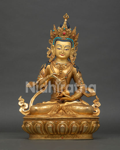 Vajrasattva statue handcrafted in Nepal with 24K gold gilding and semi-precious stone adornments