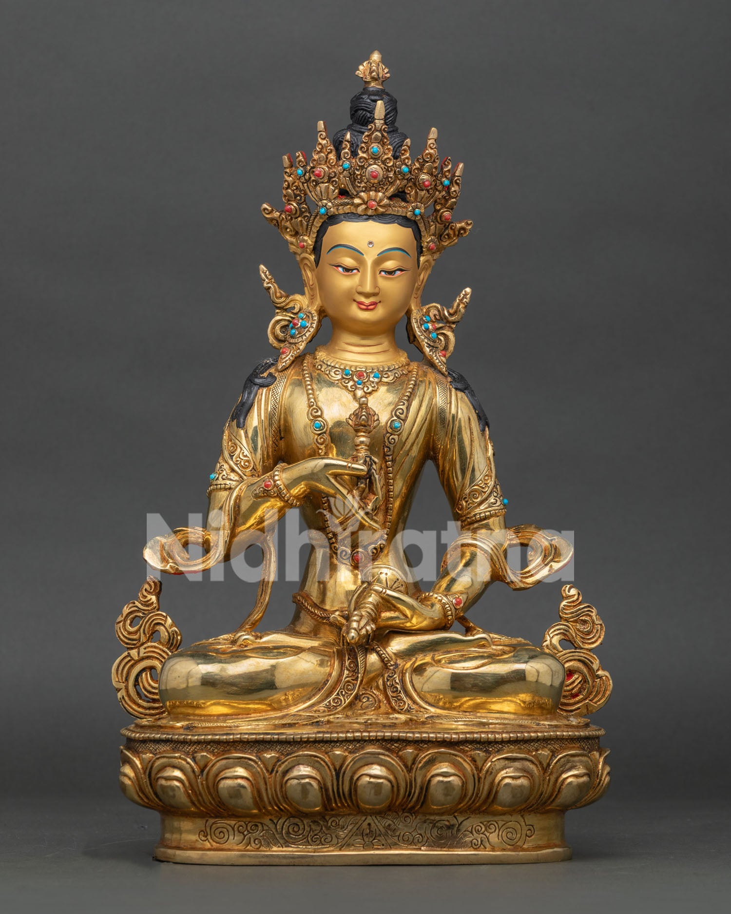 Vajrasattva Statue handcrafted in Nepal with fire-gilded copper and lotus throne