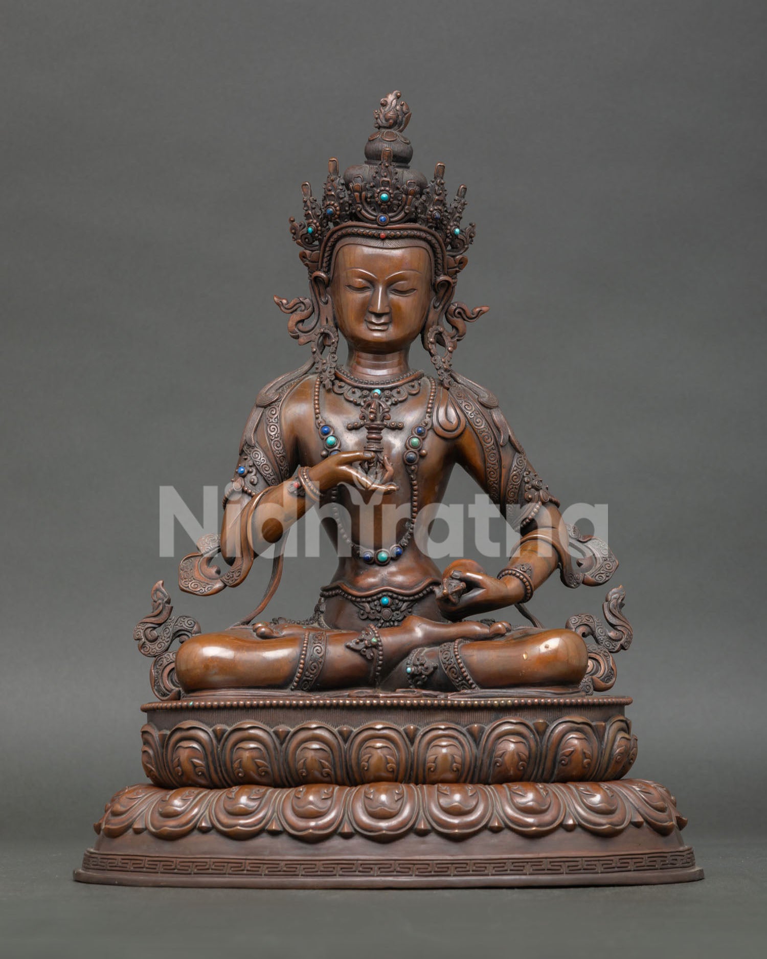 Vajrasattva Statue Handcrafted in Nepal with Oxidized Copper Finish and Double Lotus Throne.