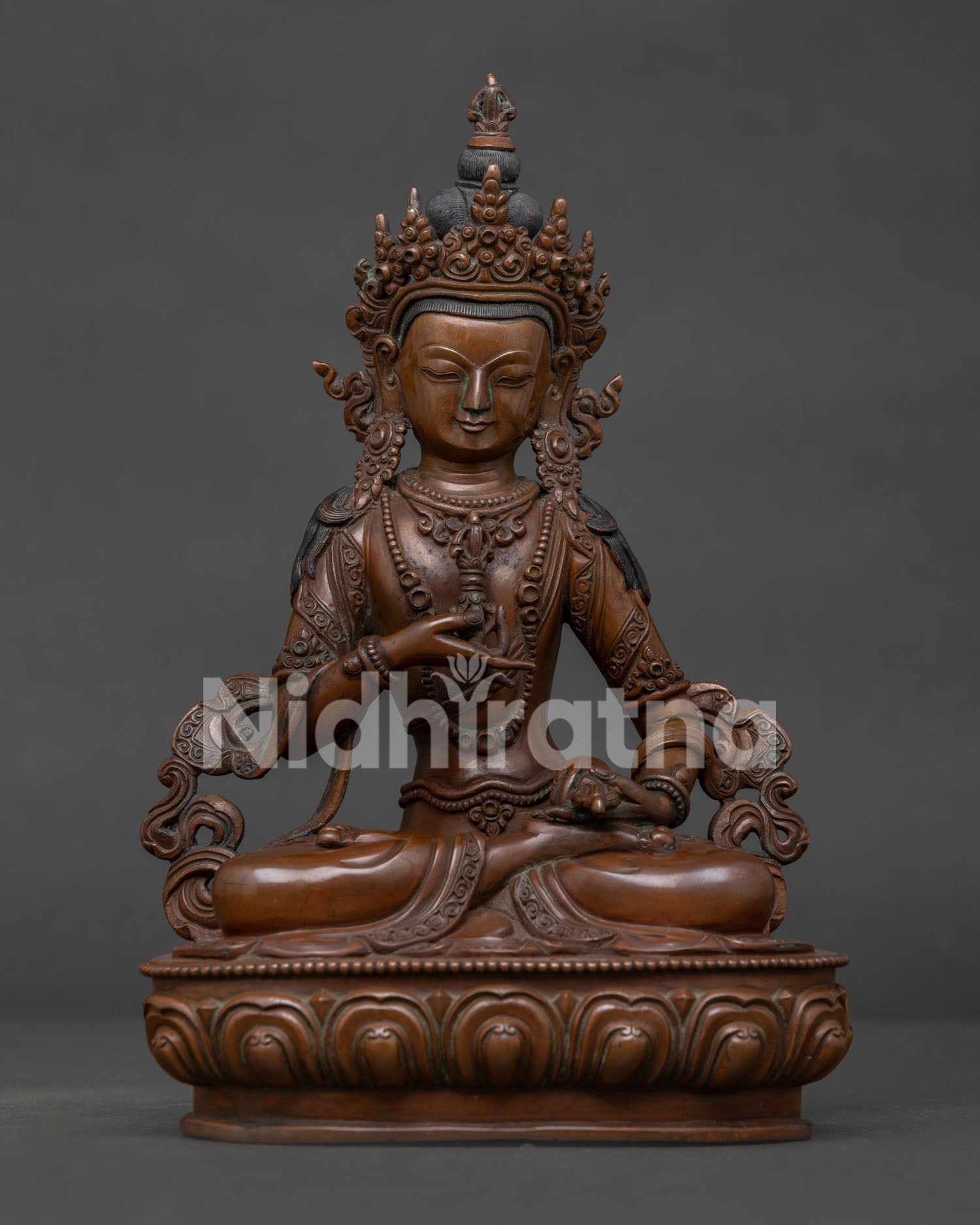 Vajrasattva Statue Handcrafted in Nepal with Oxidized Copper Finish Front View.