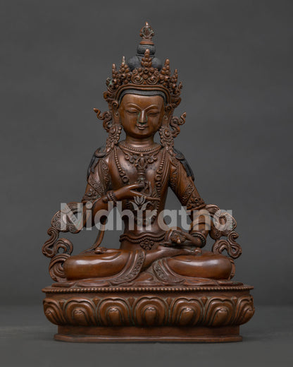Vajrasattva Statue Handcrafted in Nepal with Oxidized Copper Finish Front View.