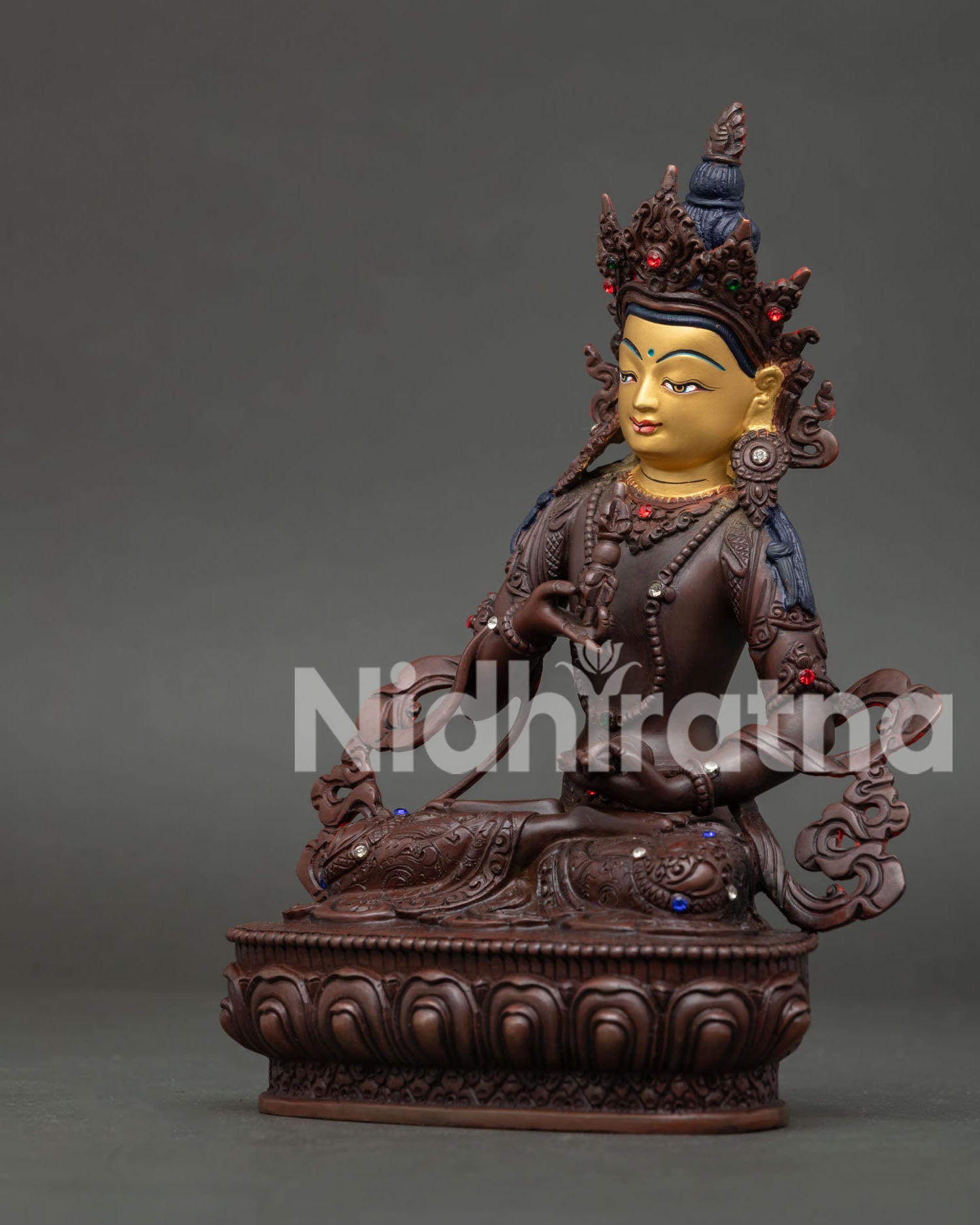 Vajrasattva Statue Handmade in Nepal with Oxidized Copper and Gold Painted Face.