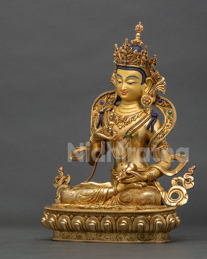 Vajrasattva statue left side view, gold fire-gilded copper sculpture from Nepal