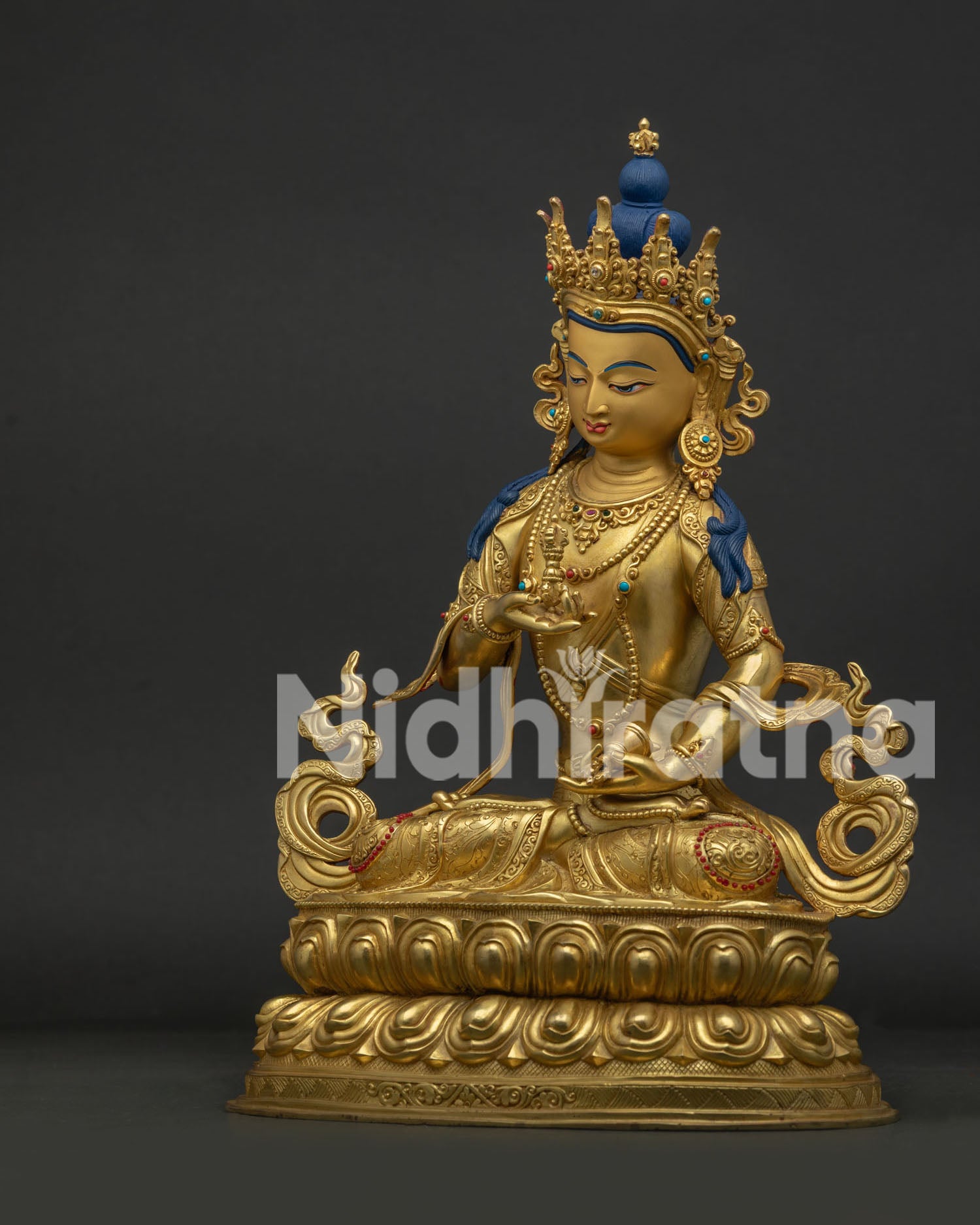 Vajrasattva Statue left view side showing handcrafted copper alloy details from Nepal