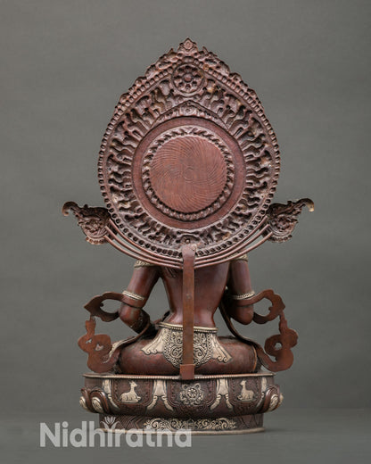 Vajrasattva statue on fully bloomed lotus pedestal with radiant halo behind head representing purification of karma enlightenment and spiritual light for altar decor