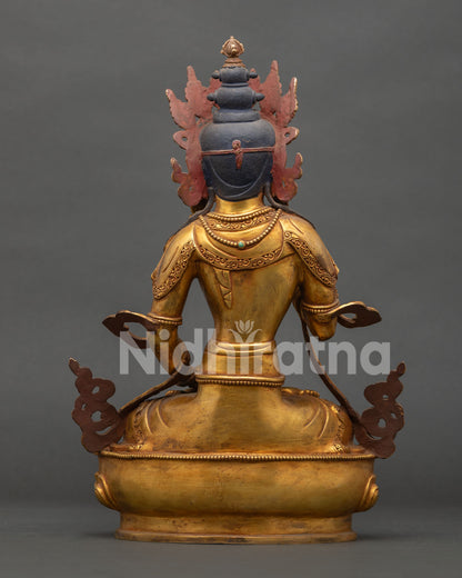 Vajrasattva Statue on lotus pedestal with antique copper finish handcrafted in Patan Nepal.