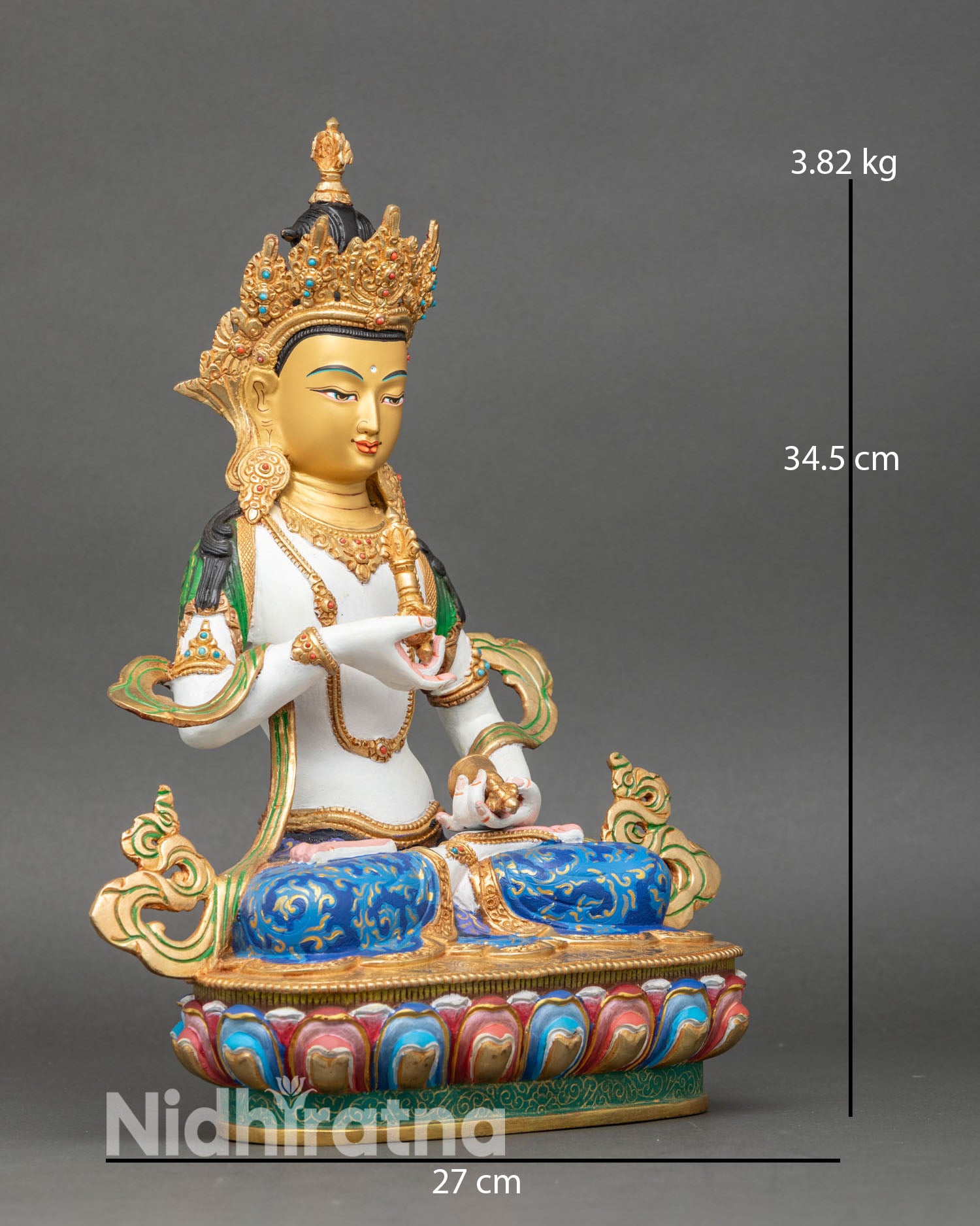 vajrasattva statue right side view, copper and gold-gilded tantric meditation figure