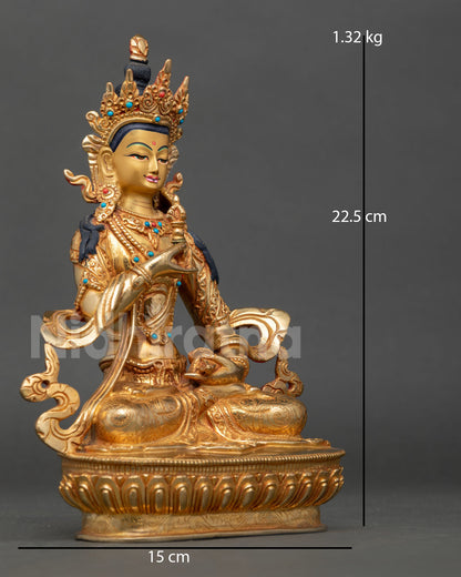 Vajrasattva statue right side view, traditional Himalayan copper sculpture with ritual ornaments