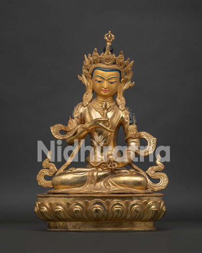 Vajrasattva Statue showing five jewel crown, vajra, bell and floral robe carvings