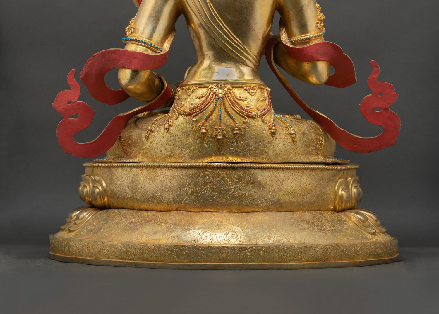 Vajrasattva statue side angle red flame scarves gold copper Himalayan collector piece