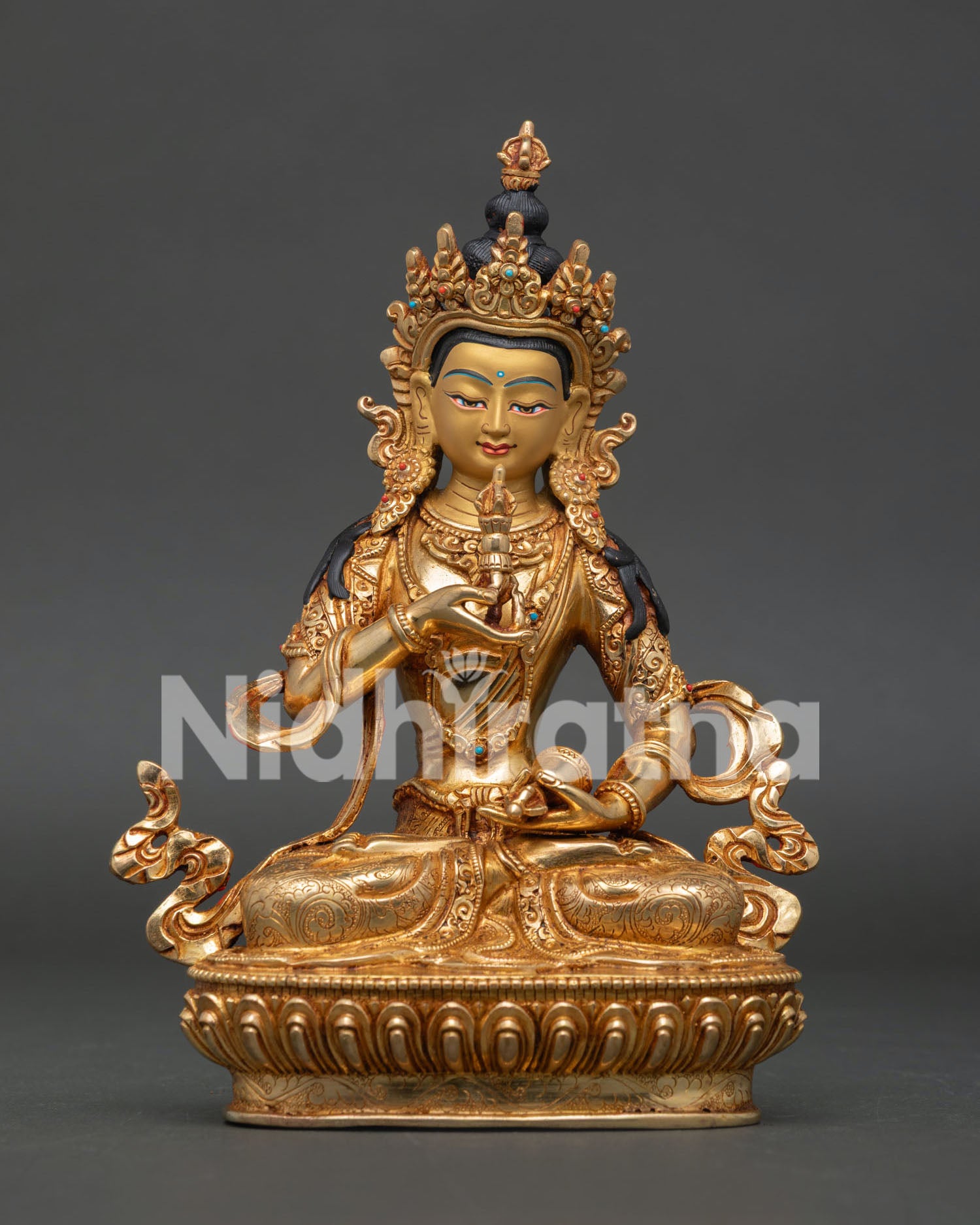 Vajrasattva Statue with 24K Gold Gilding and Semi Precious Stones, Crafted in Nepal