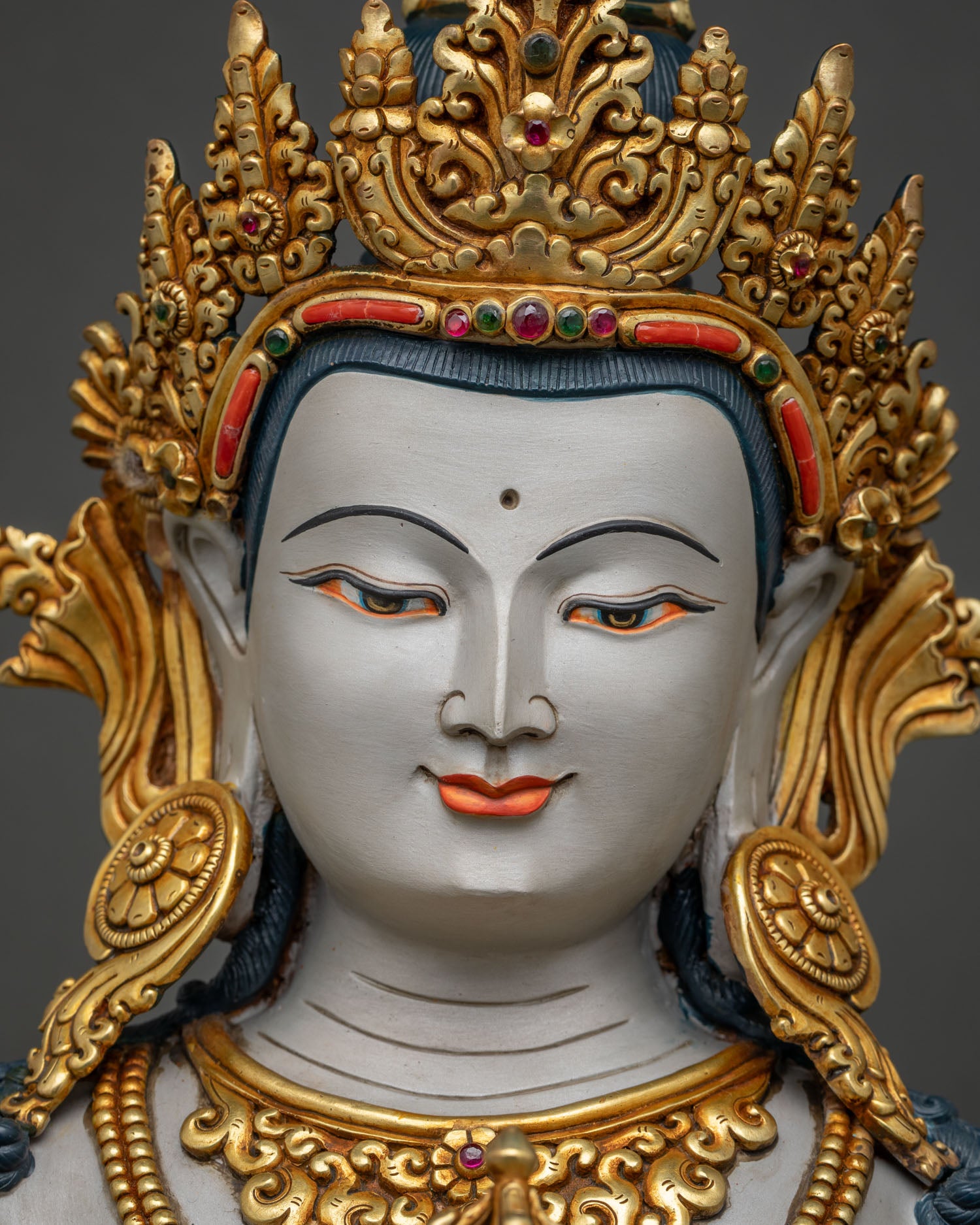 Vajrasattva white complexion serene face gold crown turquoise inlay Newari statue Nepal