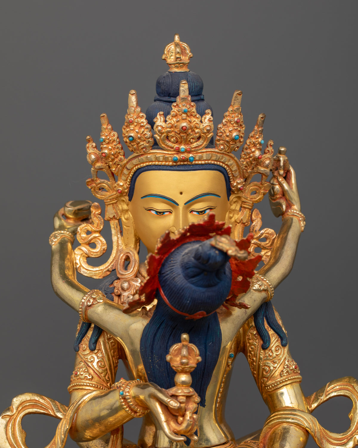 Vajrasattva with Consort detailed face semi precious stones and floral robes.