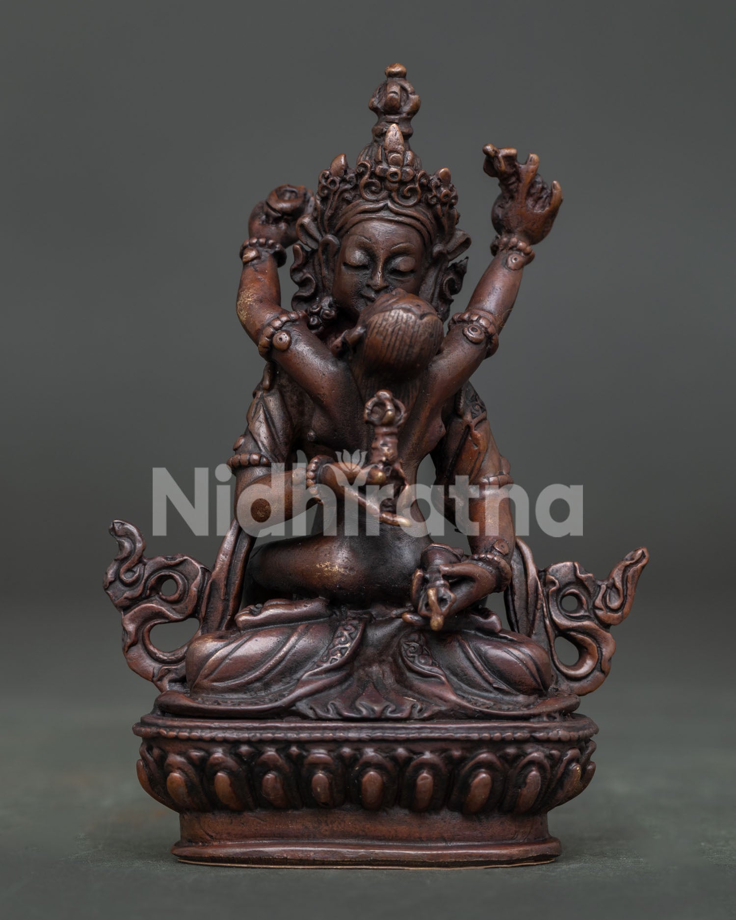 Vajrasattva with consort statue handcrafted in Patan Nepal copper oxidized finish.