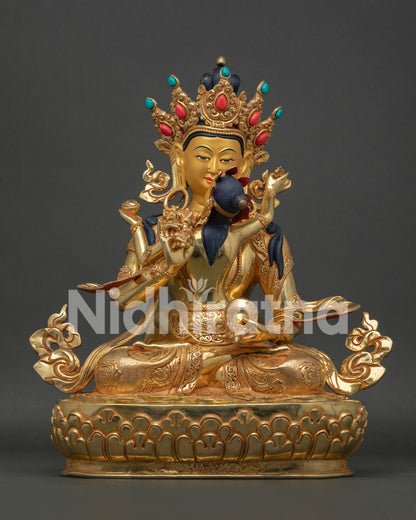 Vajrasattva with Consort Vajragarvi Statue Handmade in Nepal with 24K Gold Fire Gilding Front View