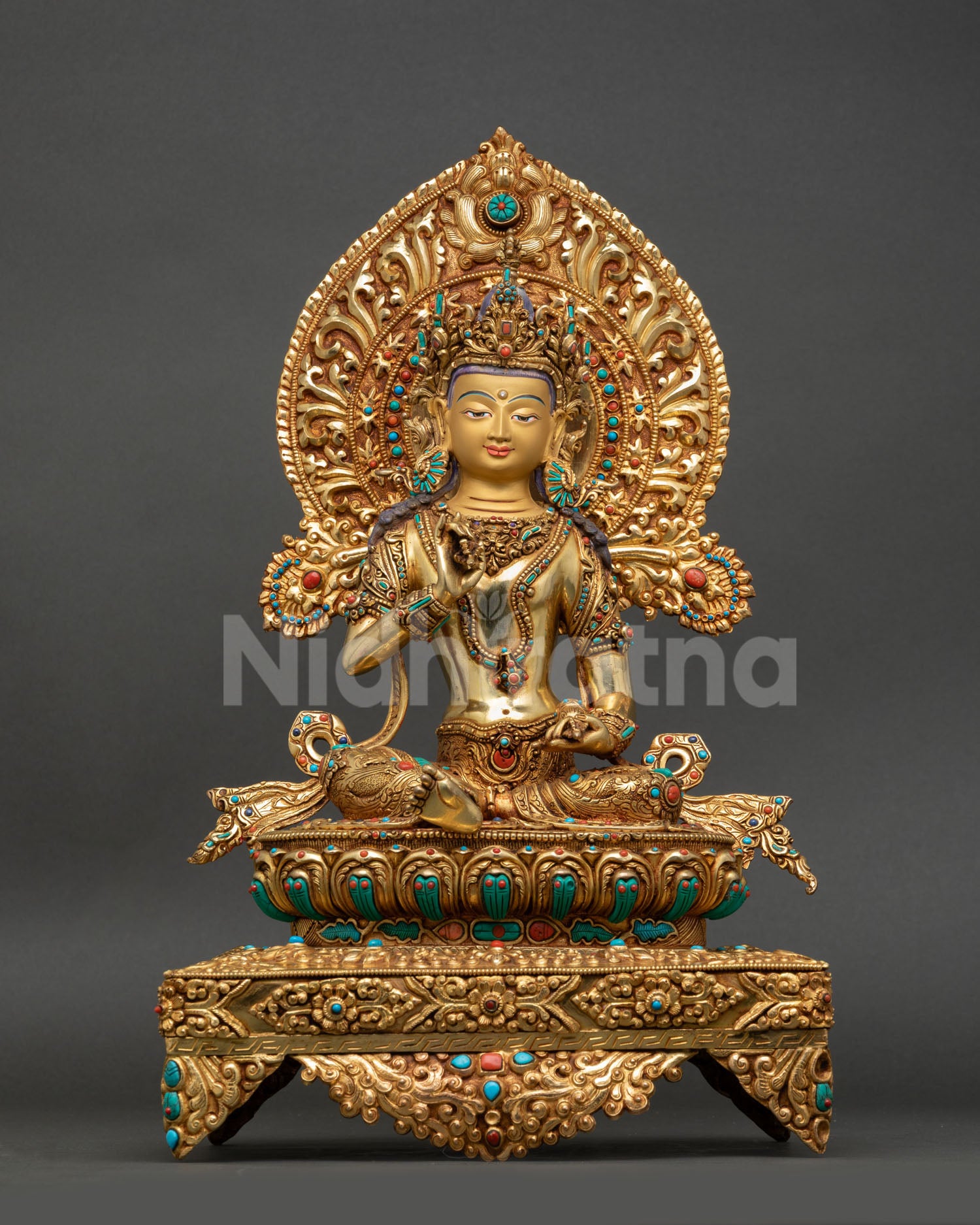 Vajrasattva with throne statue front view, 24K gold fire gilded Buddhist sculpture