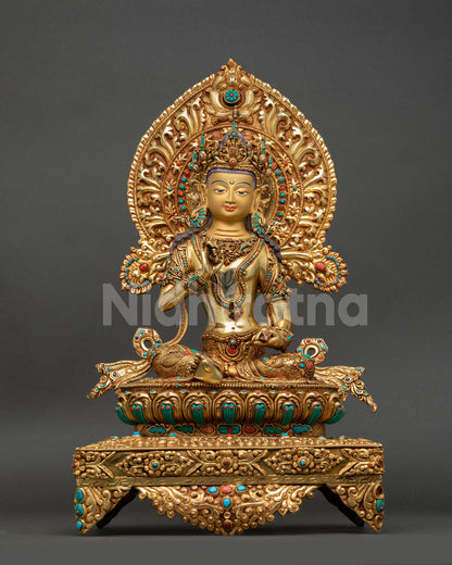 Vajrasattva with throne statue front view, 24K gold fire gilded Buddhist sculpture