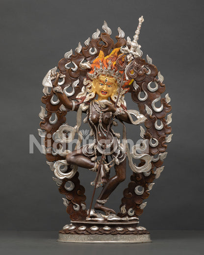Vajravarahi Dorje Phagmo statue front view oxidized copper silver plated flaming halo Nepalese Buddhist art