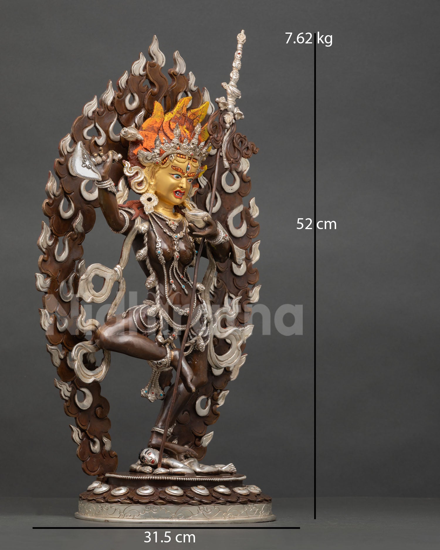 Vajravarahi Dorje Phagmo statue right side view large 20 inch Himalayan art silver plated copper fiery halo design