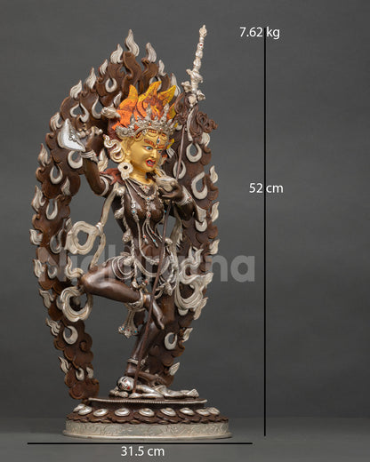 Vajravarahi Dorje Phagmo statue right side view large 20 inch Himalayan art silver plated copper fiery halo design