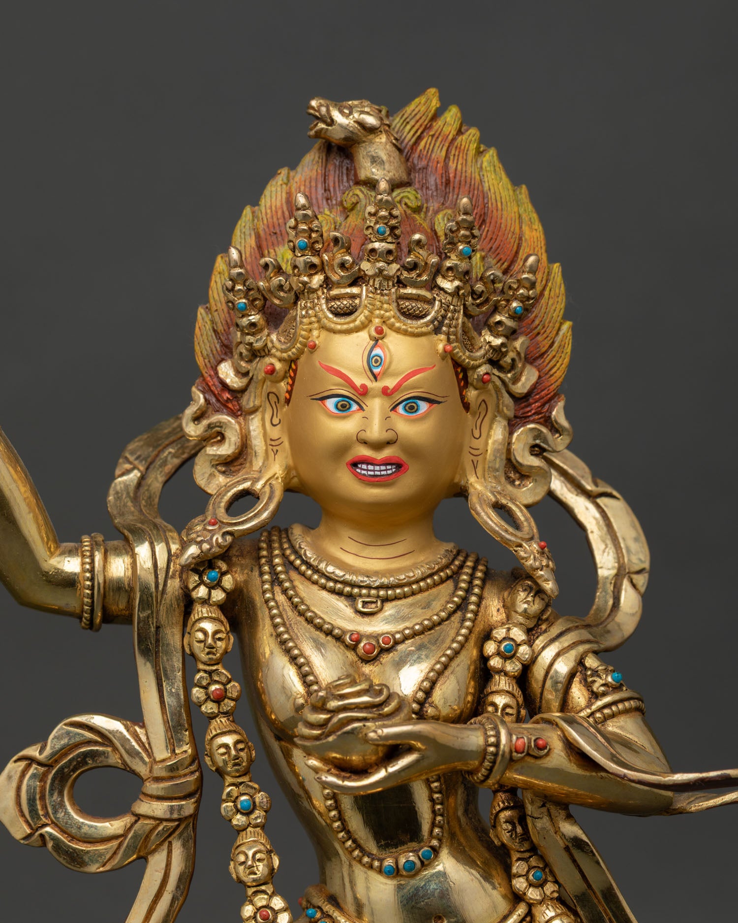 Vajravarahi Statue Close Up Handmade Nepalese Copper Gold Gilded Sculpture