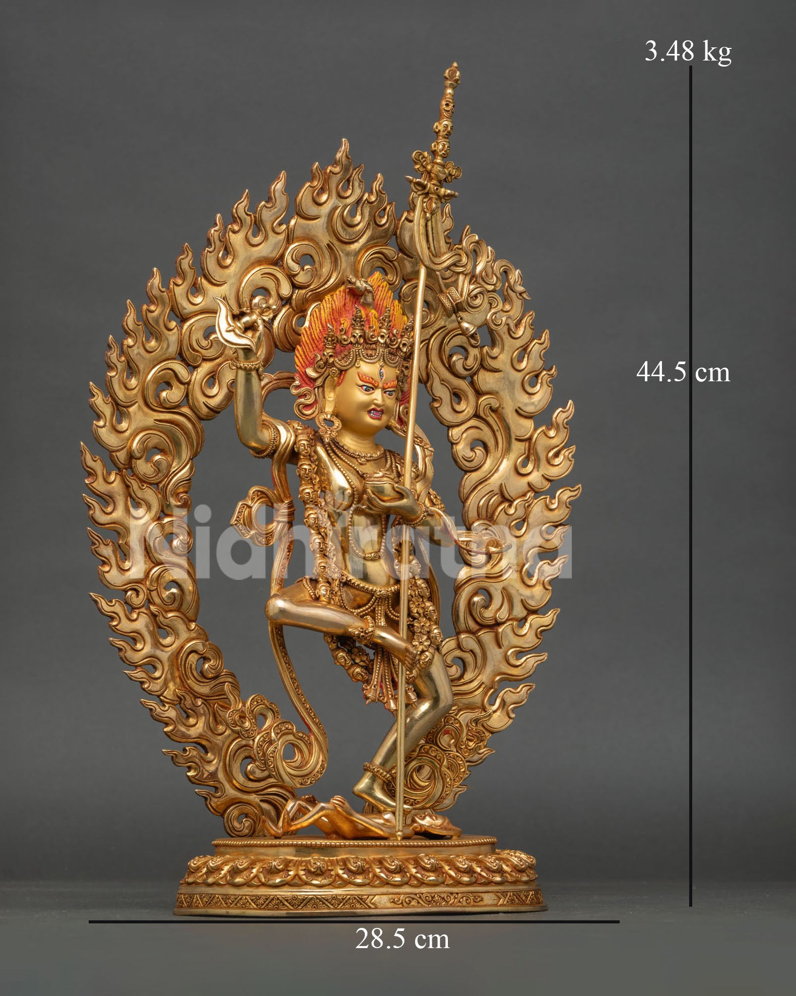 Vajrayana Dorje Phagmo statue with flaming halo kartika kapala and khatvanga staff