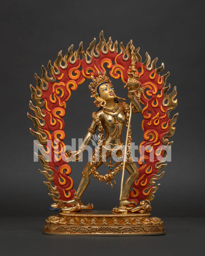 Vajrayogini Statue 24K Gold Fire Gilded Copper with Blazing Halo Front View.