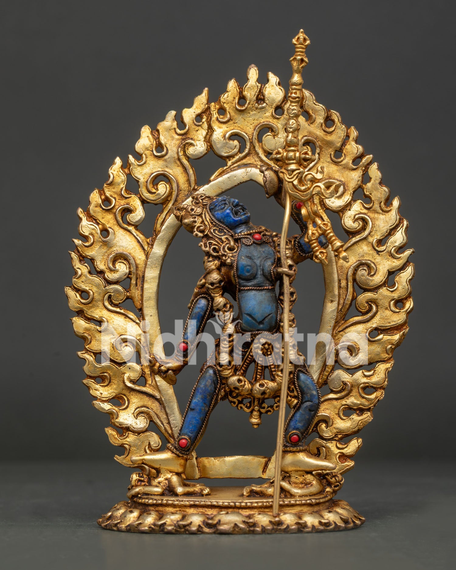 Vajrayogini Statue front view showcasing hand-carved semi-precious lapis lazuli body with gold gilded details