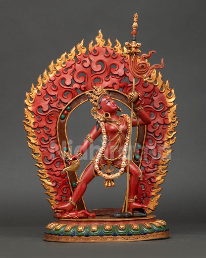 Vajrayogini statue full view Nepal copper gold gilded tantric dakini standing fierce wisdom fire aura
