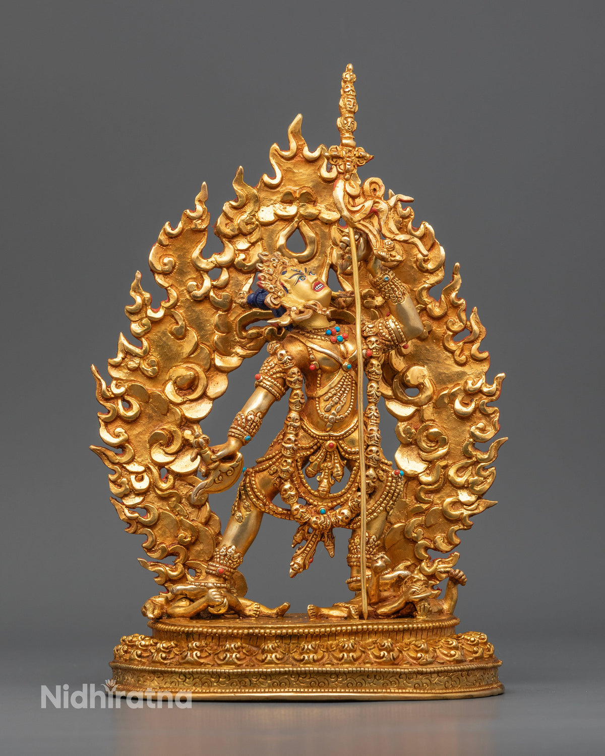 Vajrayogini Statue handcrafted in Nepal from copper with radiant 24K gold gilding and semi-precious stones