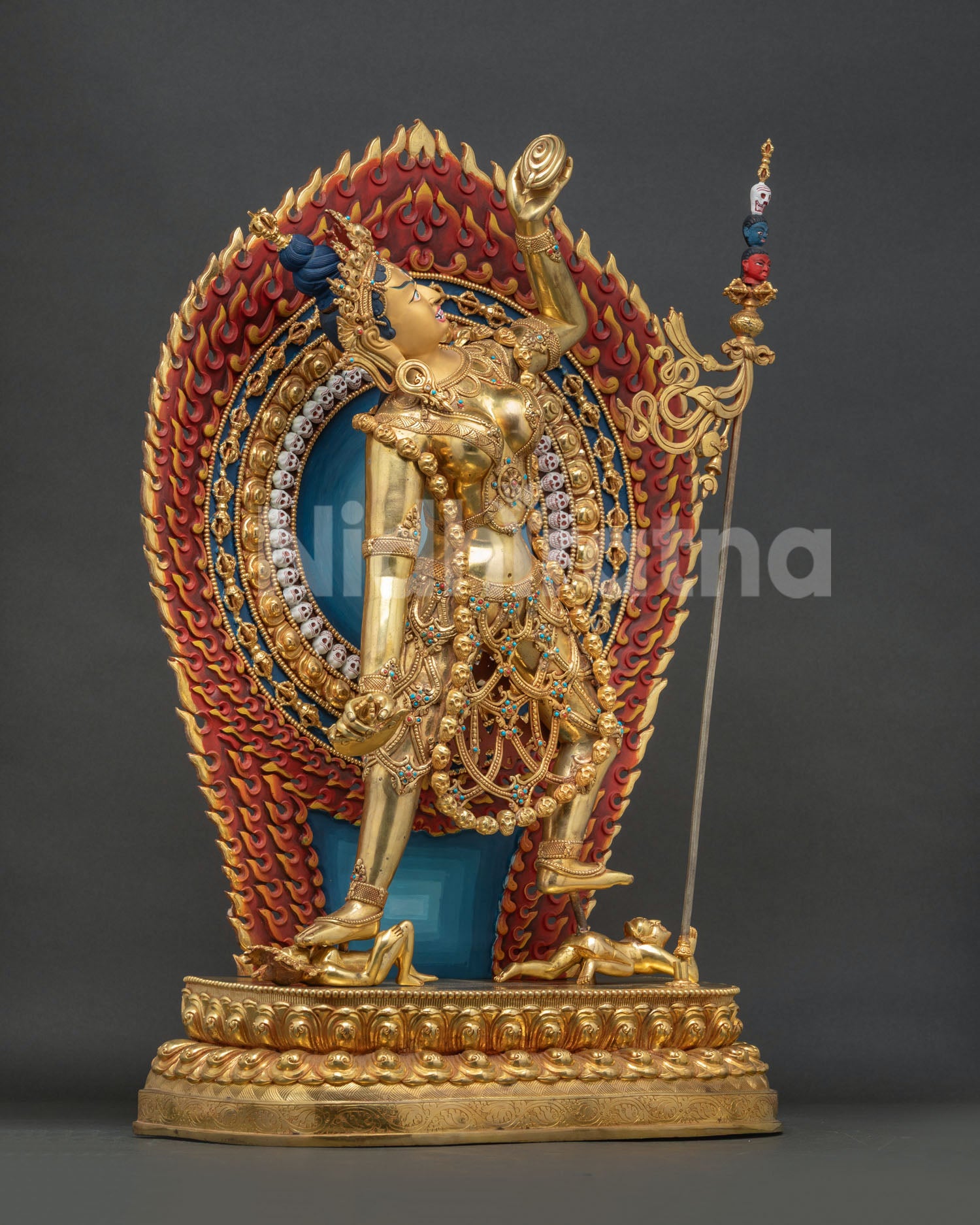 Vajrayogini statue three-quarter view, 24K gold fire-gilded copper, Nepal