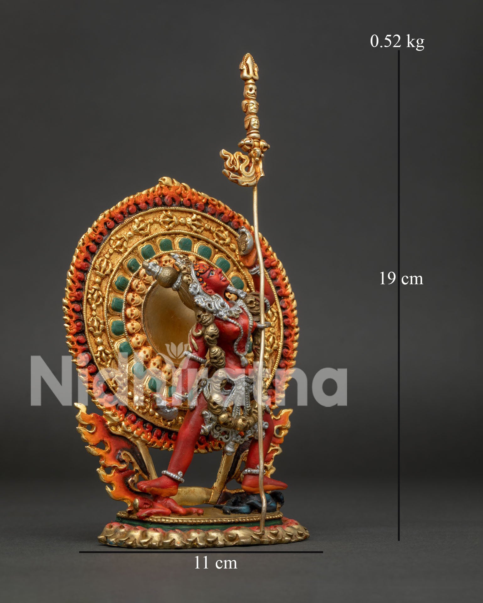 Vajrayogini statue with hand painted acrylic details and carved wisdom fire.