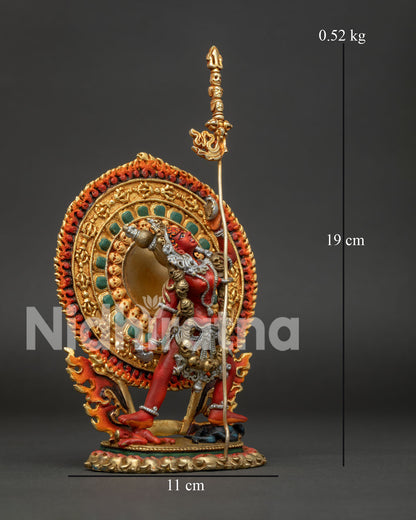 Vajrayogini statue with hand painted acrylic details and carved wisdom fire.