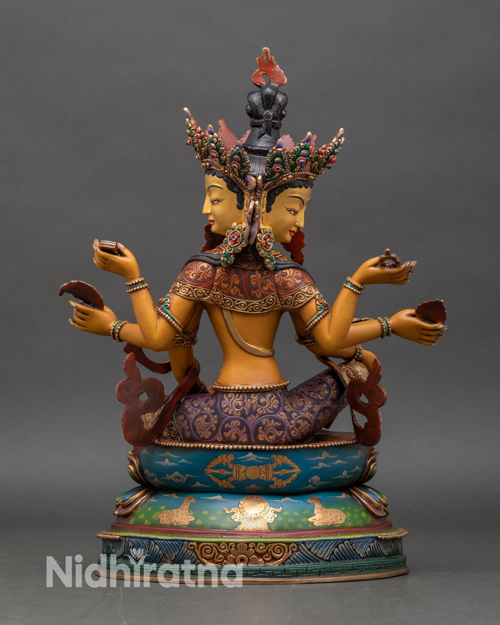 vasudhara-statue-back-view-lotus-pedestal-vajra-paired-deer-dharma-wheel-nepalese-art