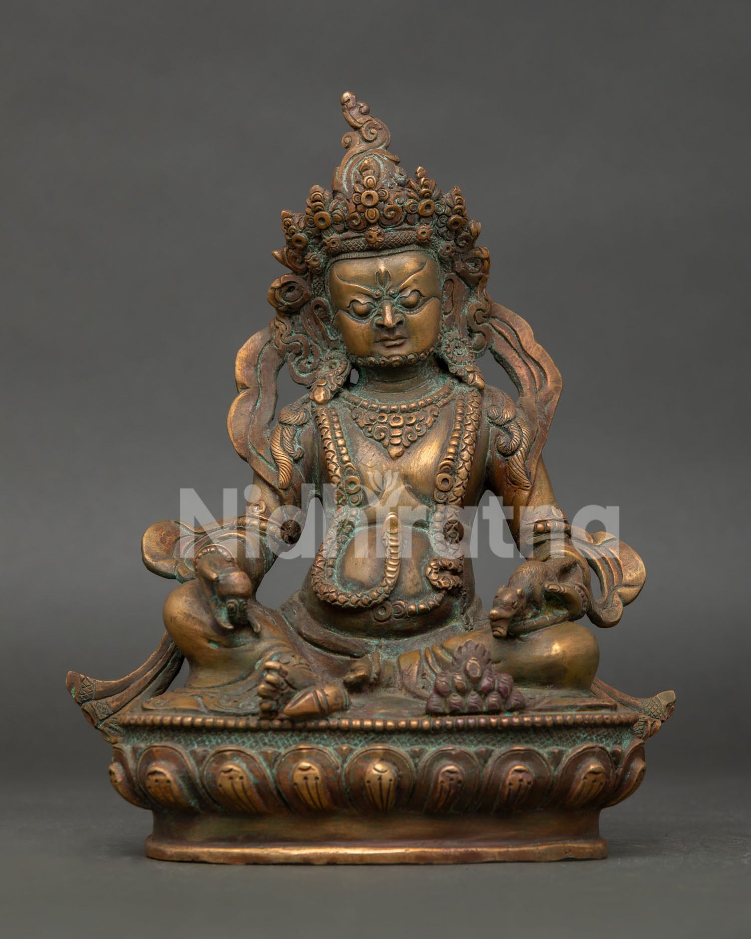vintage finished dzambhala statue handcrafted in oxidized copper for buddhist wealth altar