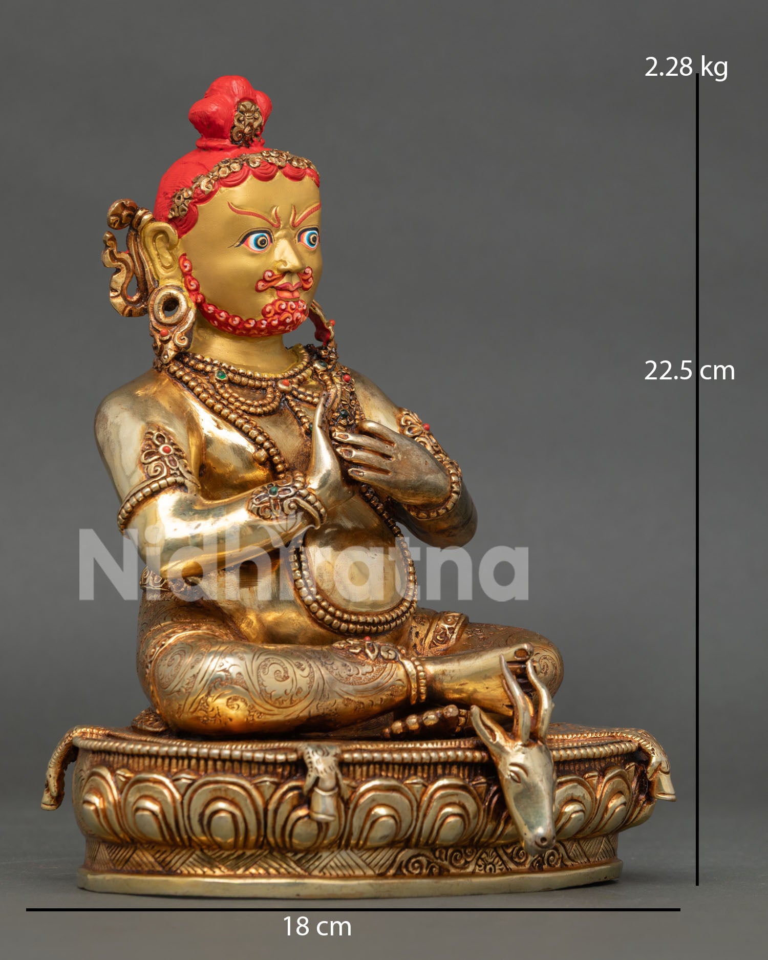 Virupa Mahasiddha seated on lotus throne with deer skin and Dharmachakra Mudra symbolism