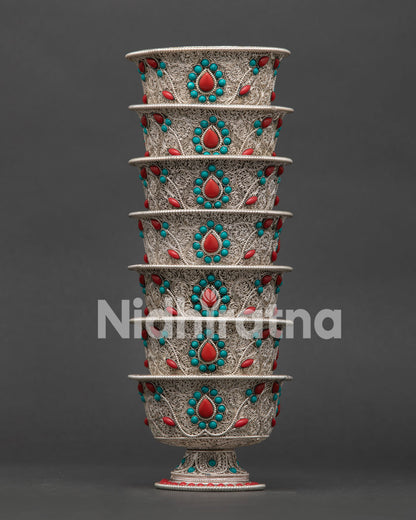 Water Offering bowl silver plated filigree Newari craftsmanship