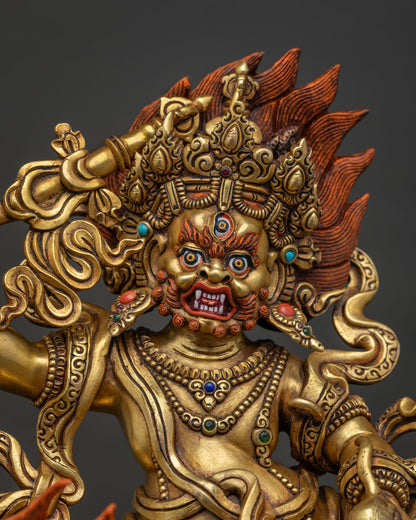 White Dzambhala Buddhist statue with hand painted gold face and semi precious stones