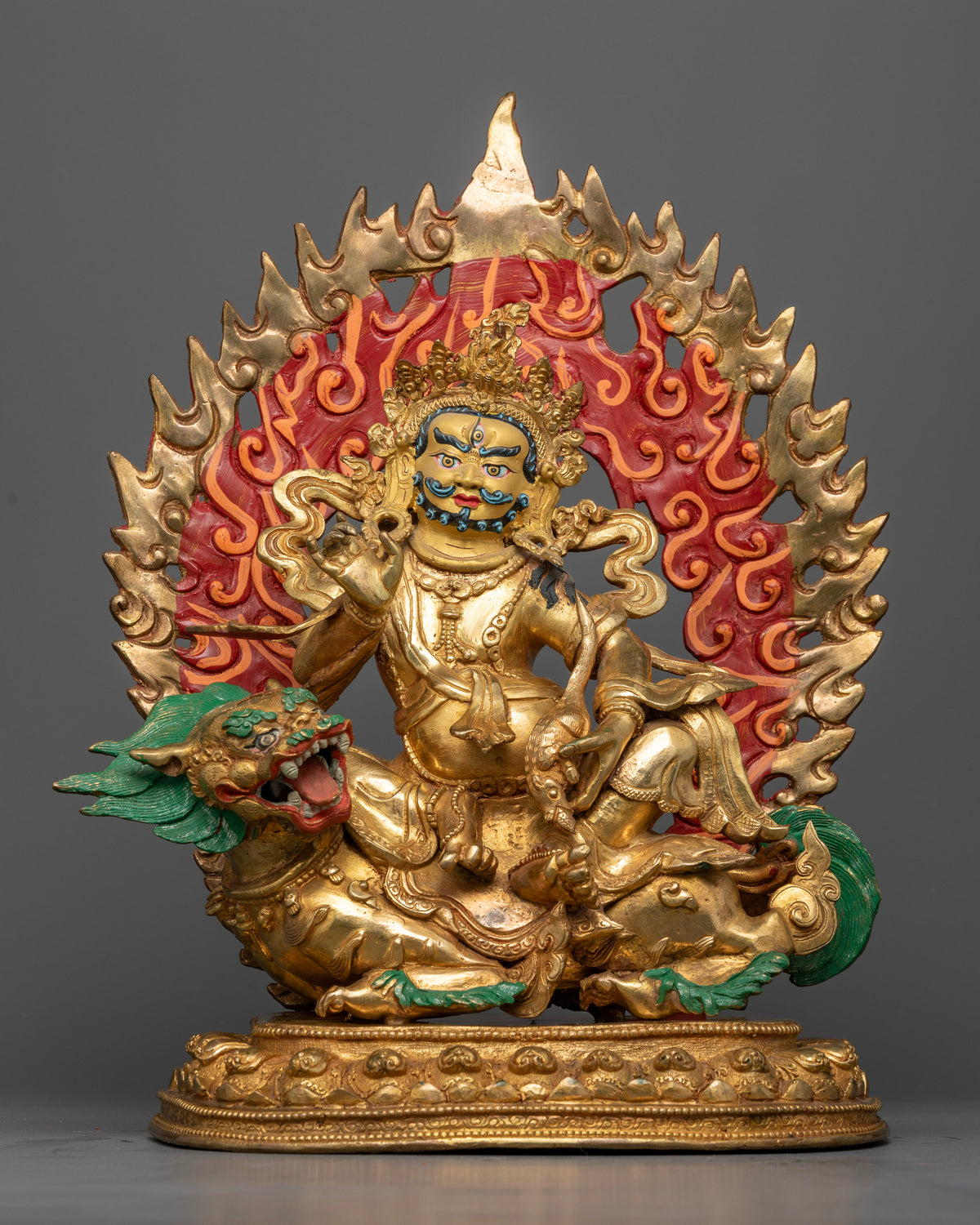 White Dzambhala Statue copper gold fire gilded snow lion lotus pedestal.