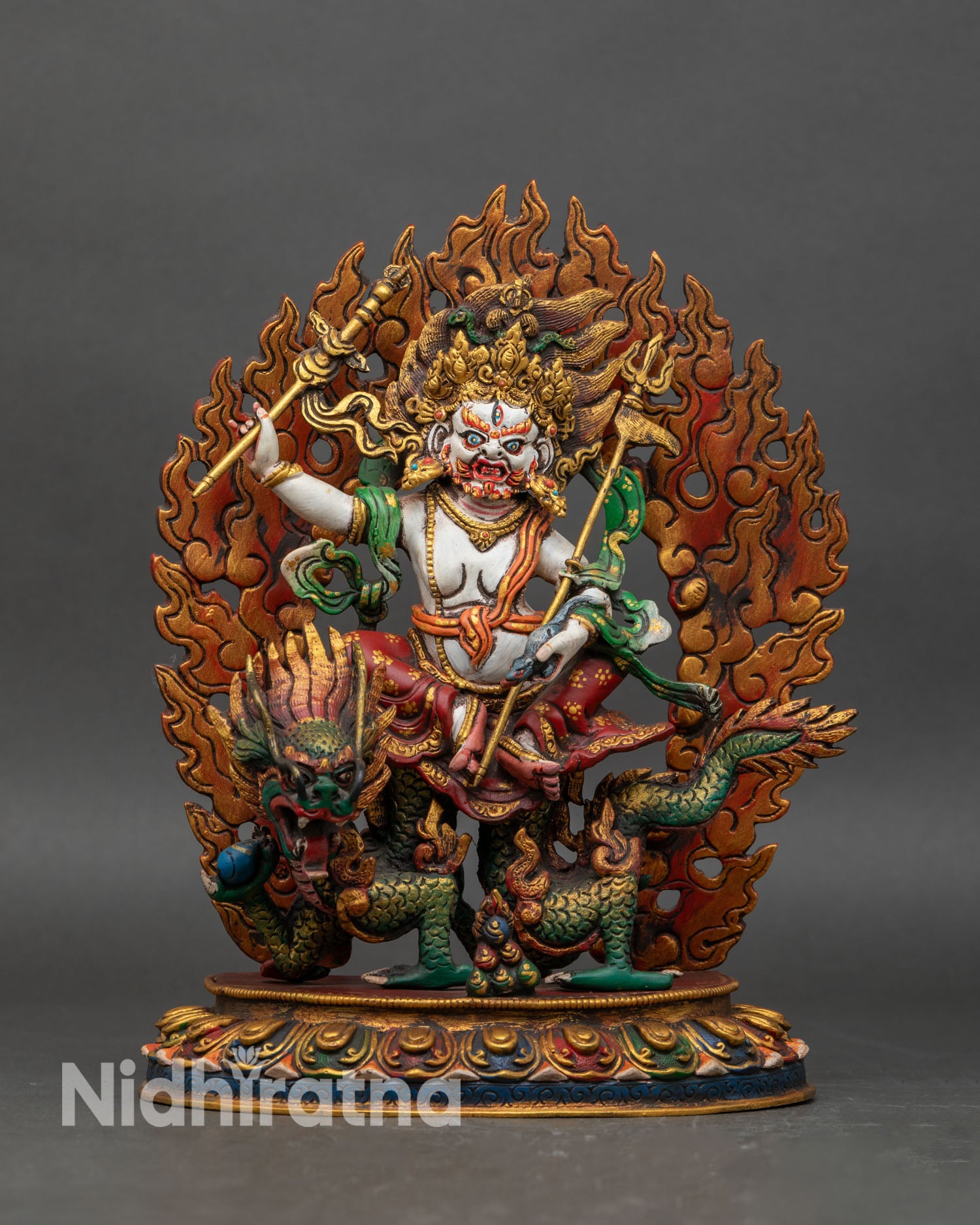 White Dzambhala statue front view, copper with hand-painted white and gold details